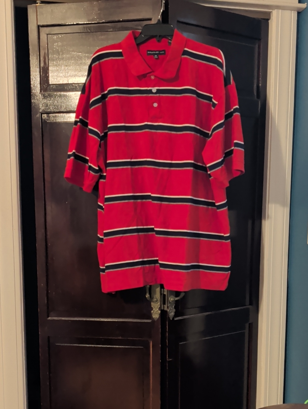 Men's Red Striped Polo Shirt with Navy & White Bands
